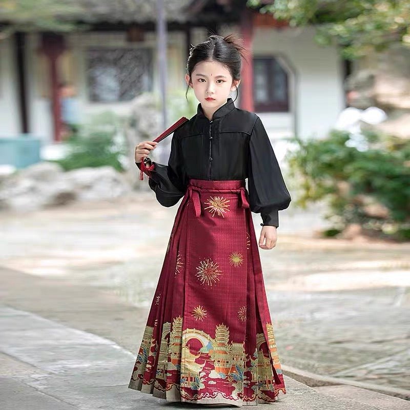 Girls' Ming Dynasty Hanfu Mamian Skirt Set - Jianxi Hanfu