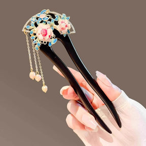 Hanfu accessory black sandalwood U - shaped peony hairpin - Jianxi Hanfu