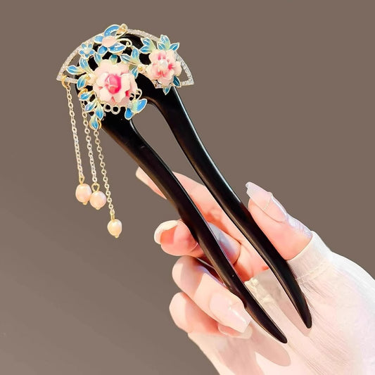 Hanfu accessory black sandalwood U - shaped peony hairpin - Jianxi Hanfu