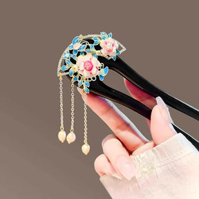 Hanfu accessory black sandalwood U - shaped peony hairpin - Jianxi Hanfu