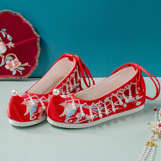 red wedding shoes bride shoes- Jianxi Hanfu