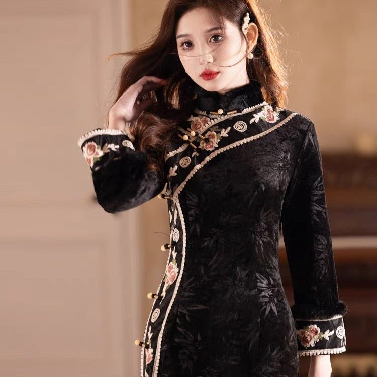 chinese winter Qipao black cheongsam dress - Jianxi Hanfu