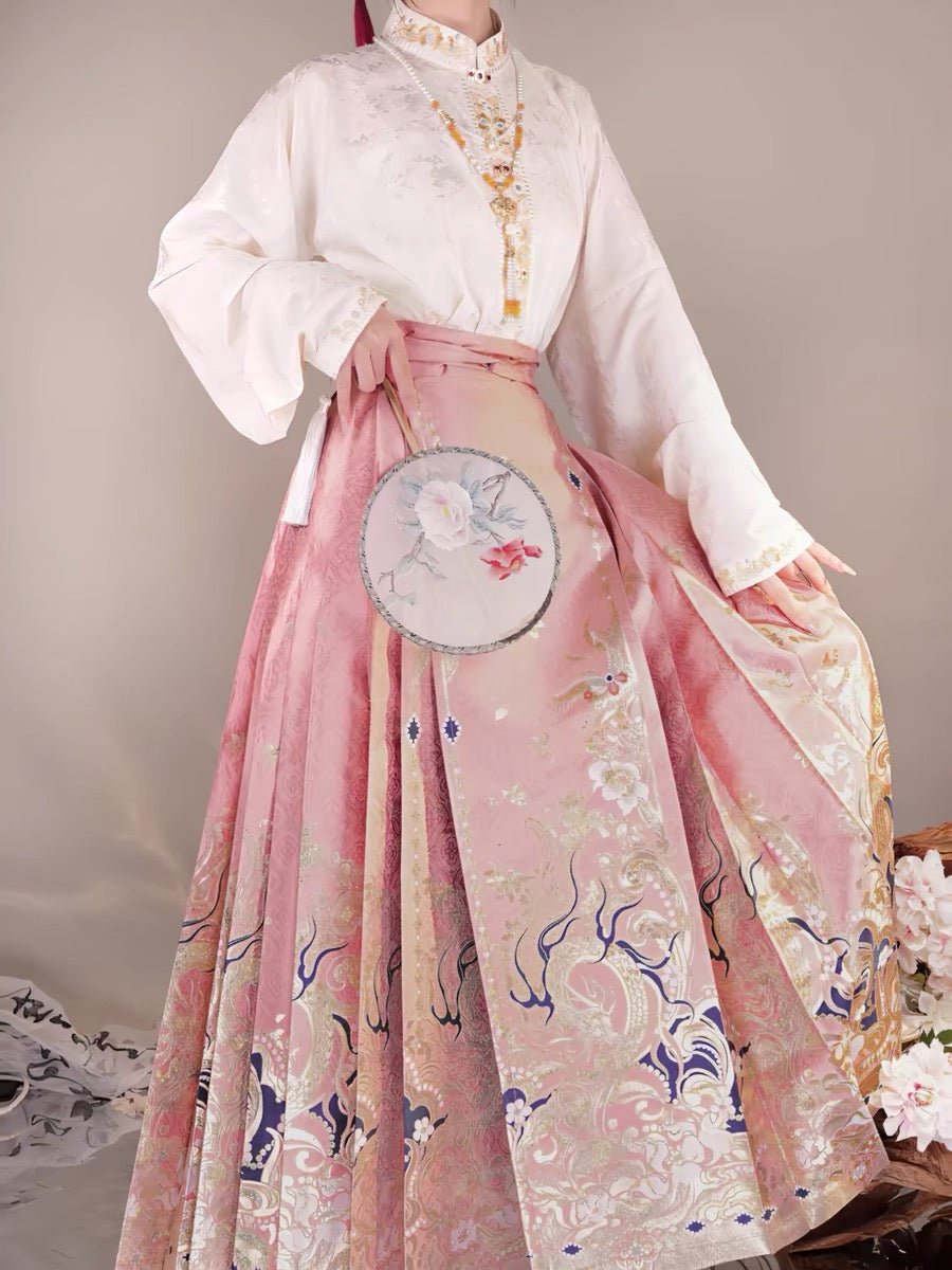 chinese women's hanfu pink blue mamian skirt white shirt - Jianxi Hanfu