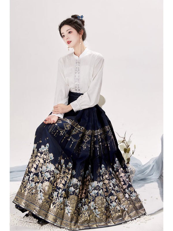 ming dynasty women's hanfu dark blue mamianqun - Jianxi Hanfu