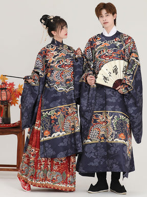 ming dynasty women's men's hanfu blue imperial dragon robe wedding attire - Jianxi Hanfu