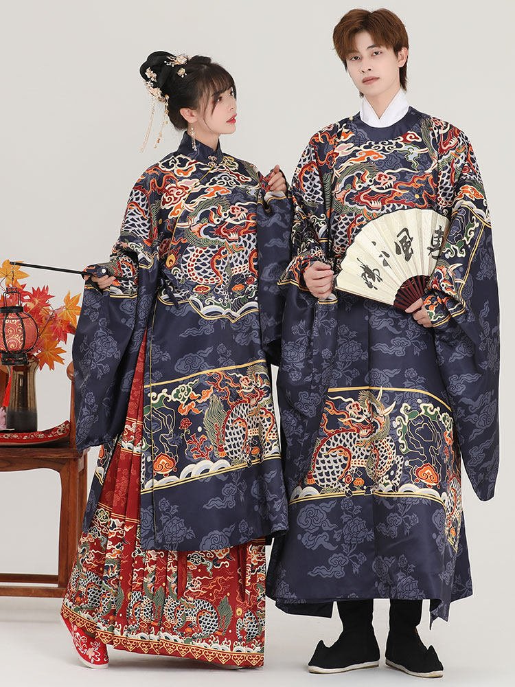 ming dynasty women's men's hanfu blue imperial dragon robe wedding attire - Jianxi Hanfu