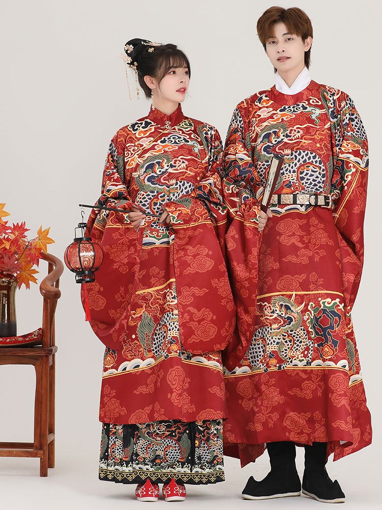 ming dynasty red wedding hanfu clothes men's hanfu red imperial dragon robe wedding attire - Jianxi Hanfu