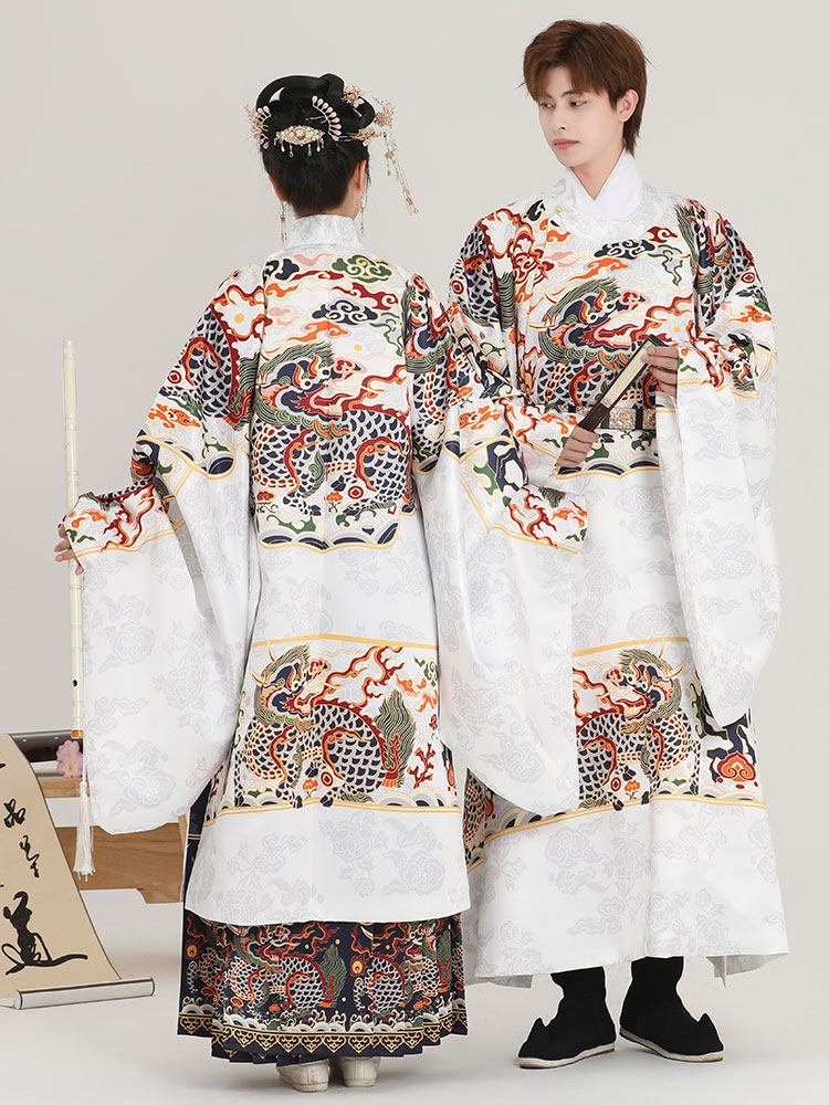 ming dynasty fashion women's men's hanfu white imperial dragon robe  - Jianxi Hanfu