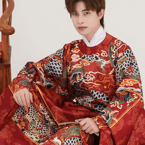 ming dynasty men's hanfu clothes red imperial dragon robe wedding attire - Jianxi Hanfu
