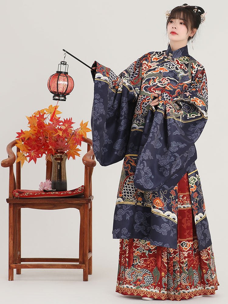 ming dynasty fashion women's hanfu blue imperial dragon robe wedding attire - Jianxi Hanfu