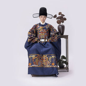 ming dynasty fashion men's hanfu blue dragon hanfu robe - Jianxi Hanfu