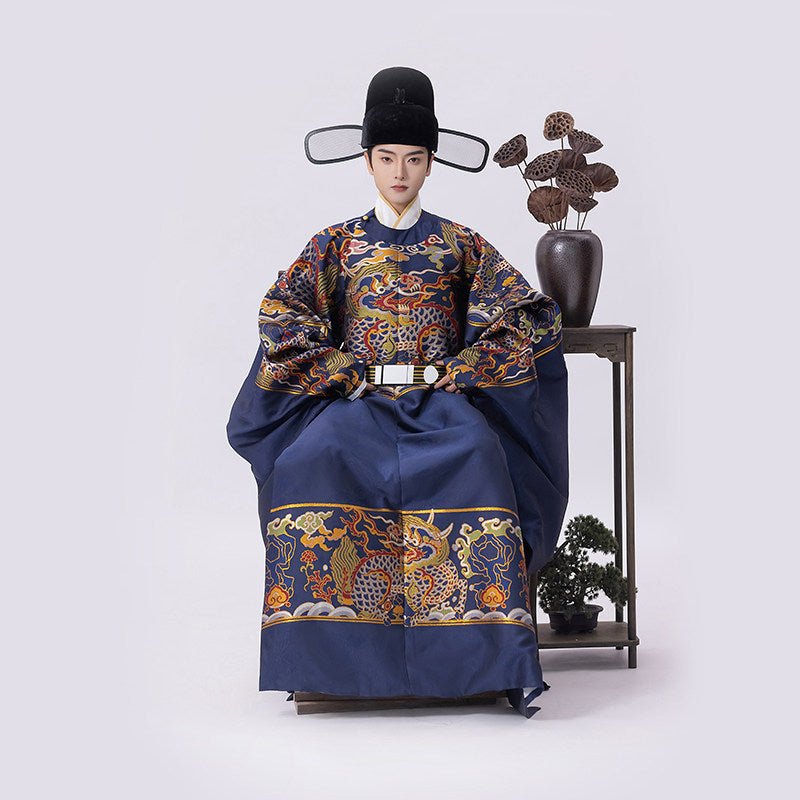 ming dynasty fashion men's hanfu blue dragon hanfu robe - Jianxi Hanfu