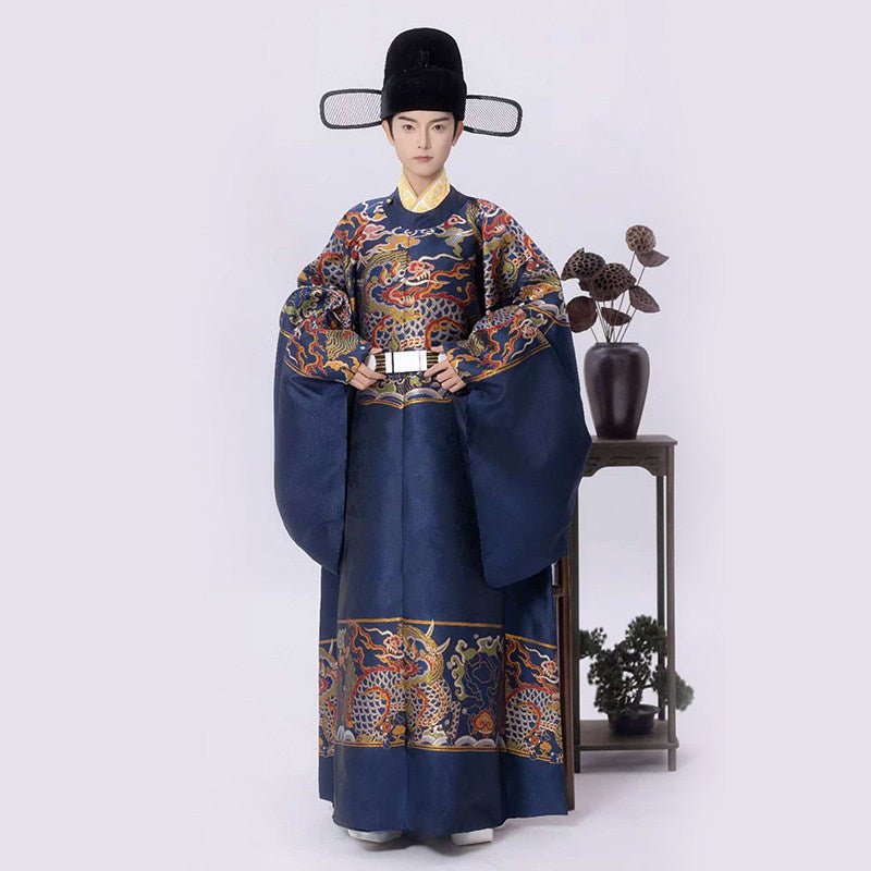 ming dynasty fashion men's hanfu blue imperial dragon hanfu robe - Jianxi Hanfu