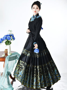 ming dynasty women's hanfu mamian skirt cloud collar blue yunjian - Jianxi Hanfu