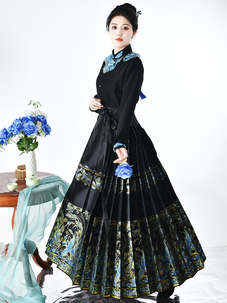 ming dynasty women's hanfu mamian skirt cloud collar blue yunjian - Jianxi Hanfu
