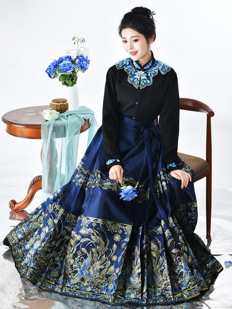ming dynasty women's hanfu mamianqun skirt cloud collar blue yunjian - Jianxi Hanfu