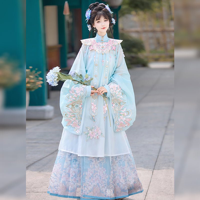 chinese ming dynasty women's hanfu pink yunjian collar - Jianxi Hanfu