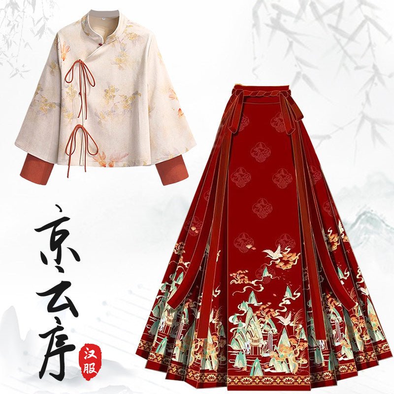 New chinese style modern hanfu white jacket red mamian skirt - Jianxi Hanfu