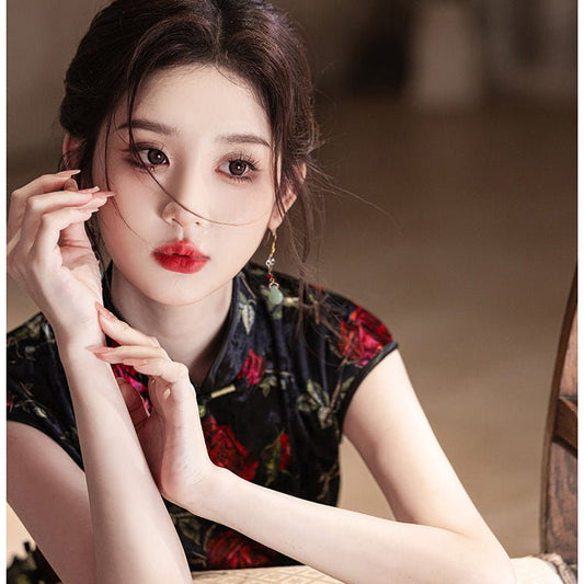 black qipao dress rose cheongsam-Jianxi Hanfu