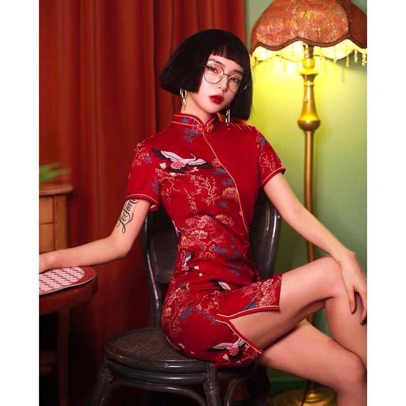 New Qipao Cheongsam Dress - Crane - Jianxi Hanfu