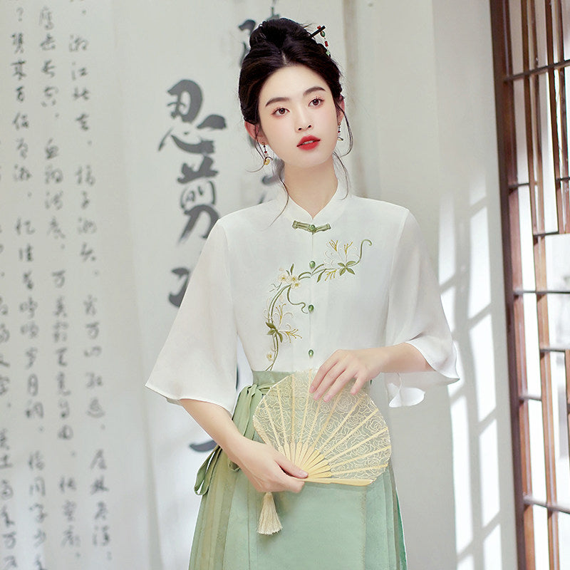modern hanfu women's mamian skirt white top shirt - Jianxi Hanfu