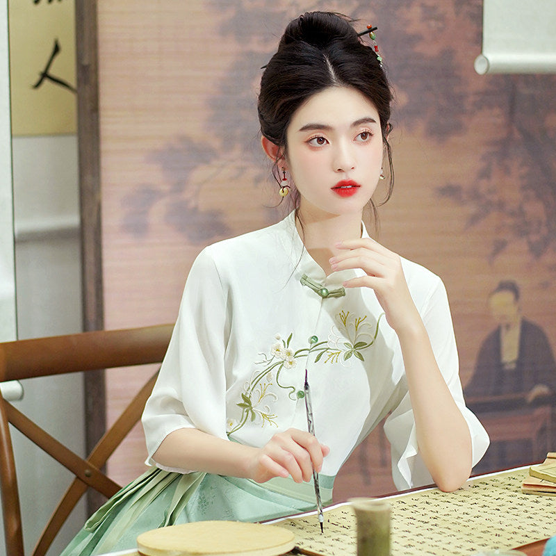 New chinese style women's hanfu top white shirt flower pattern- Jianxi Hanfu