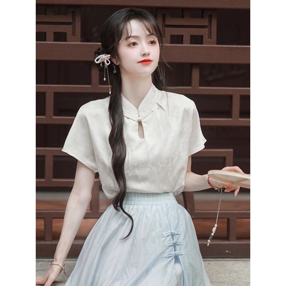 modern hanfu women's mamianqun top white shirt - Jianxi Hanfu