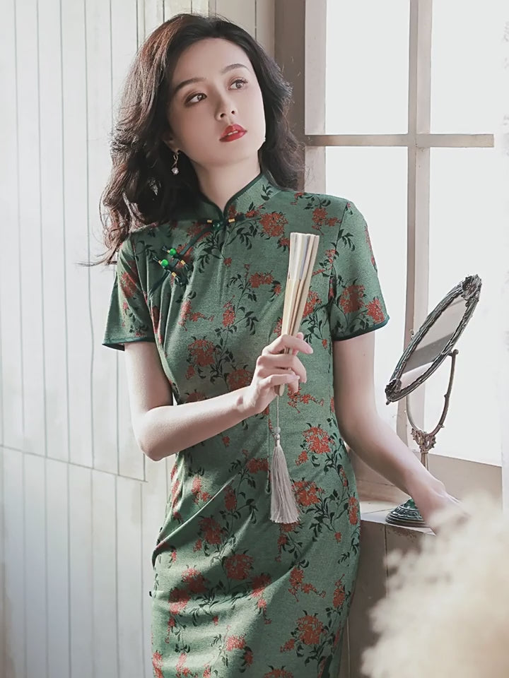 green qipao red flower cheongsamdress-Jianxi Hanfu