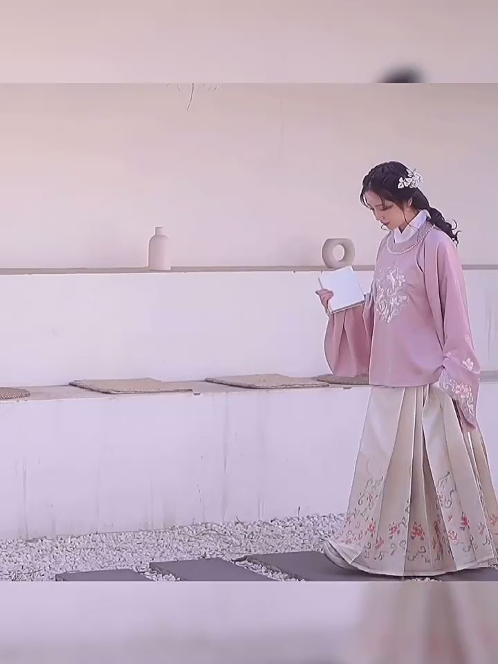 pink round collar top horse face skirt-Jianxi Hanfu