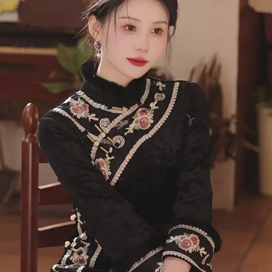 black qipao chinese cheongsam dress winter dress-Jianxi Hanfu