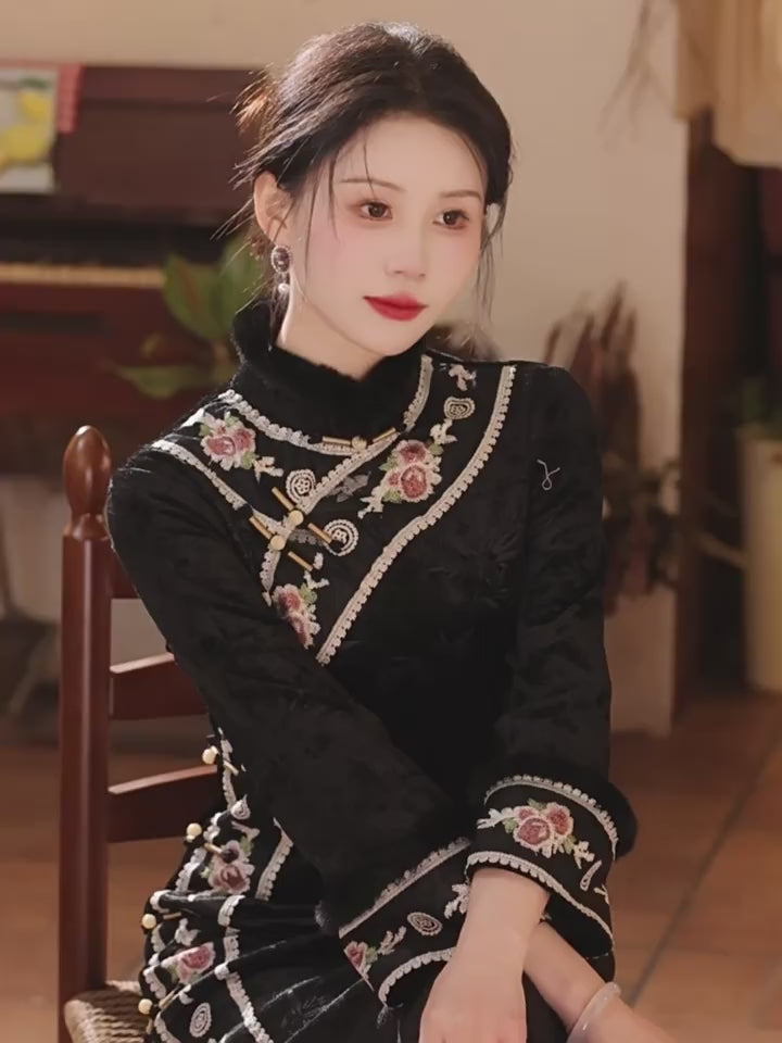 black qipao chinese cheongsam dress winter dress-Jianxi Hanfu