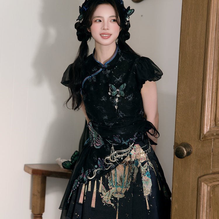 qi lolita dresses chinese ming dynasty mamianqun blue skirt - Jianxi Hanfu