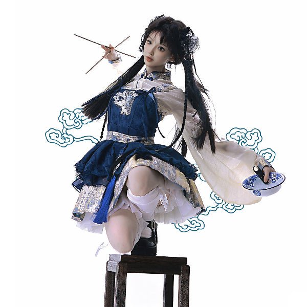 qi lolita skirt chinese kung fu white shirt blue skirt - Jianxi Hanfu