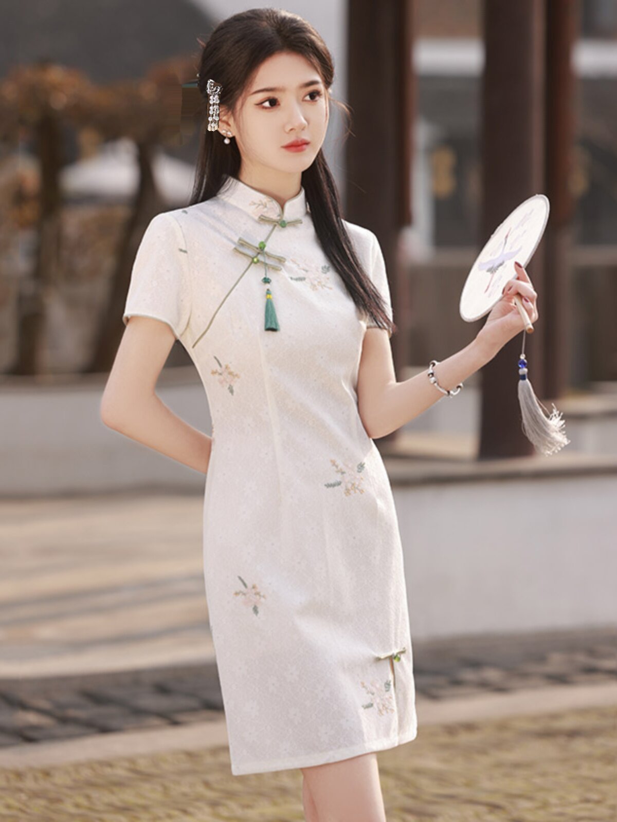 new chinese style women's white qipao dress short skirt- Jianxi Hanfu