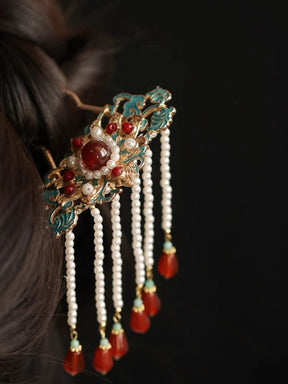 Retro SongMing Dynasty Style Enamel Pearl Tassel Hairpins - Jianxi Hanfu