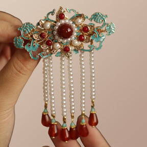 Retro SongMing Dynasty Style Enamel Pearl Tassel Hairpins - Jianxi Hanfu