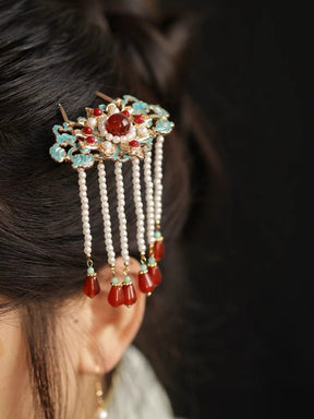 Retro SongMing Dynasty Style Enamel Pearl Tassel Hairpins - Jianxi Hanfu