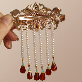Retro SongMing Dynasty Style Enamel Pearl Tassel Hairpins - Jianxi Hanfu