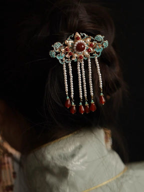 Retro SongMing Dynasty Style Enamel Pearl Tassel Hairpins - Jianxi Hanfu