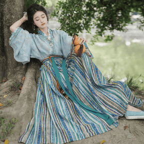 blue shirt chinese women's hanfu dress- Jianxi Hanfu