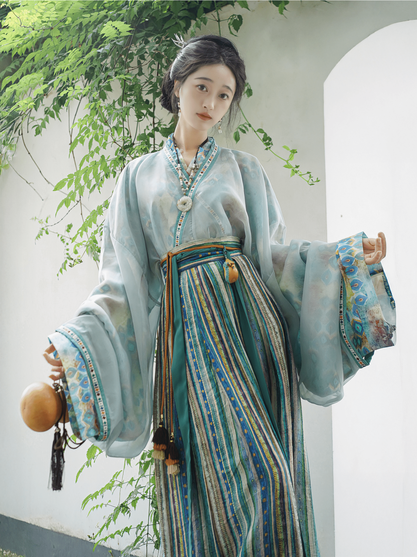 women's northern wei dynasty clothing blue cross collar shirt - Jianxi Hanfu