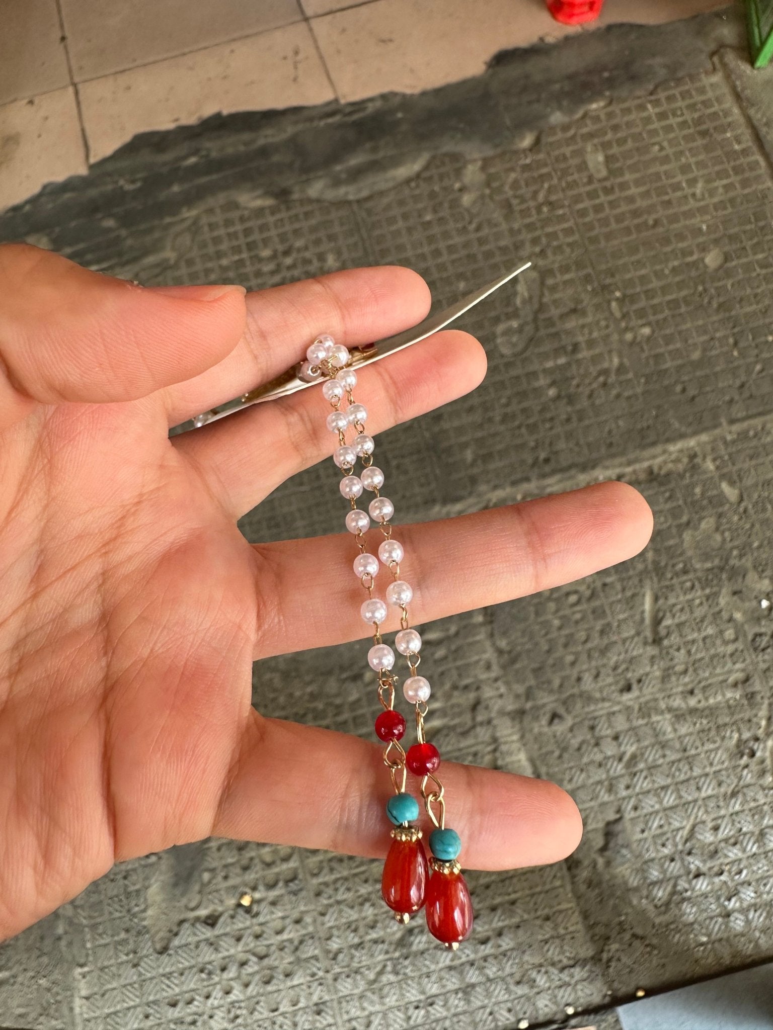 Song Dynasty Enamel - Inlaid Hairpin with Pearl Tassels - Jianxi Hanfu