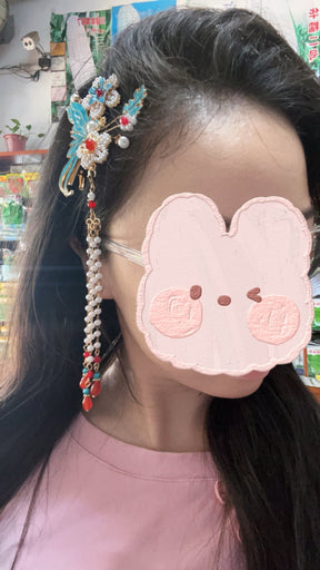 Song Dynasty Enamel - Inlaid Hairpin with Pearl Tassels - Jianxi Hanfu