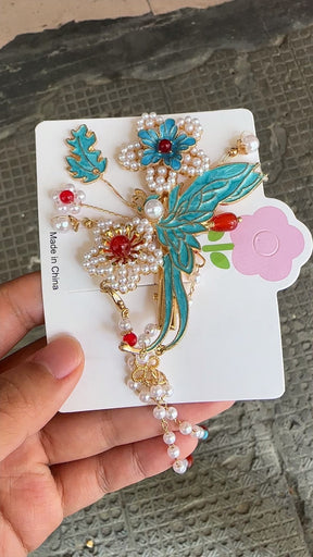 Song Dynasty Enamel - Inlaid Hairpin with Pearl Tassels - Jianxi Hanfu