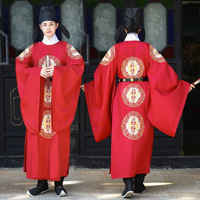 tang dynasty cloth shoes men's hanfu red imperial dragon robe - Jianxi Hanfu