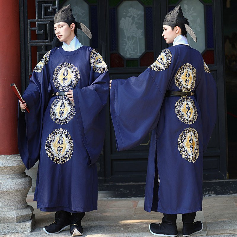 tang dynasty cloth shoes men's hanfu dark blue imperial dragon robe - Jianxi Hanfu