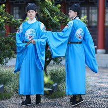chinese tang dynasty men's hanfu round collar robe light blue clothes - Jianxi Hanfu