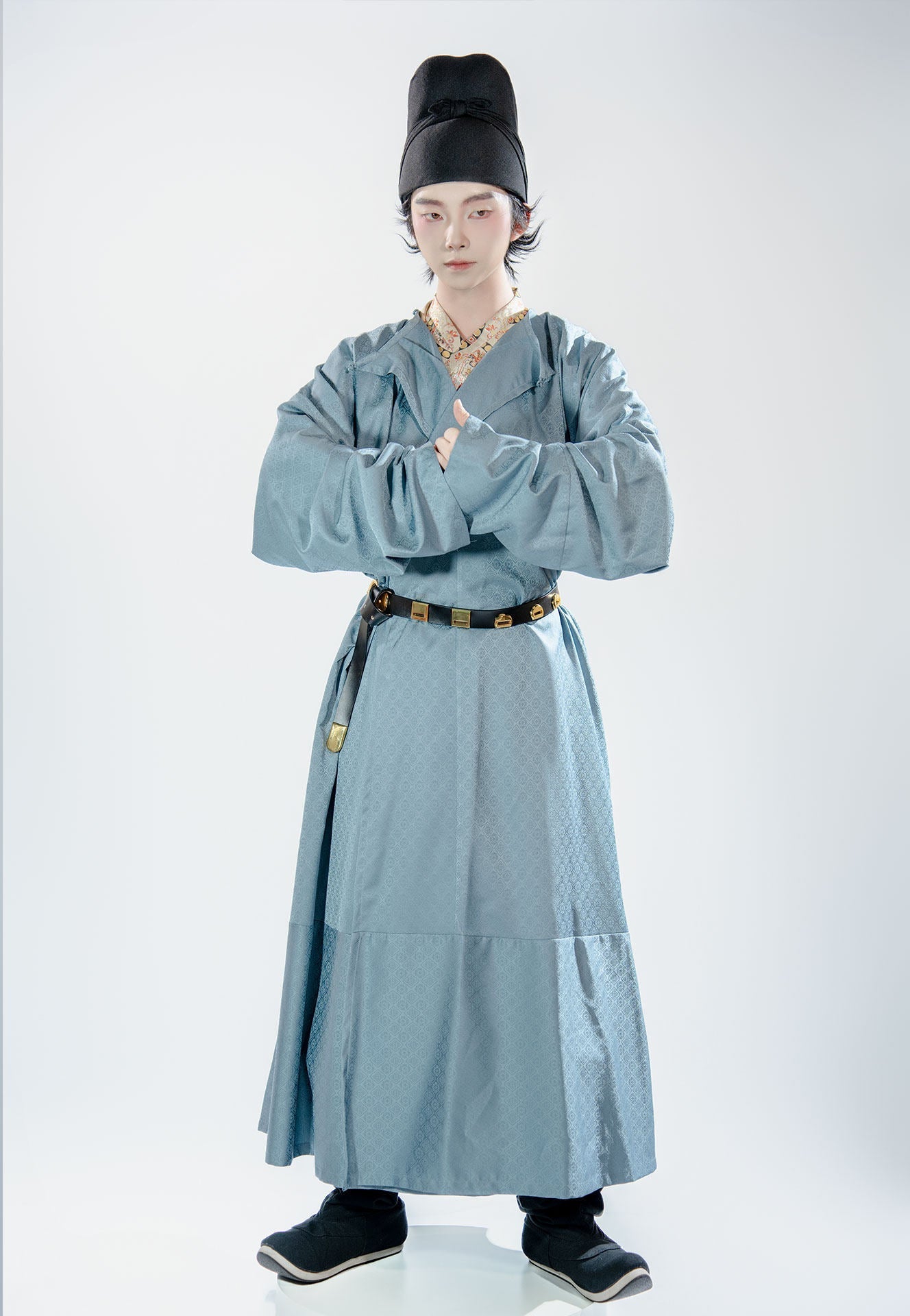 chinese tang dynasty men's blue hanfu round collar robe - Jianxi Hanfu