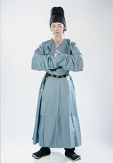 chinese tang dynasty men's blue hanfu round collar robe - Jianxi Hanfu