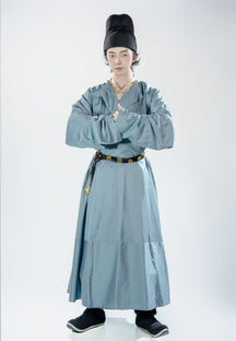 chinese tang dynasty men's blue hanfu round collar robe - Jianxi Hanfu